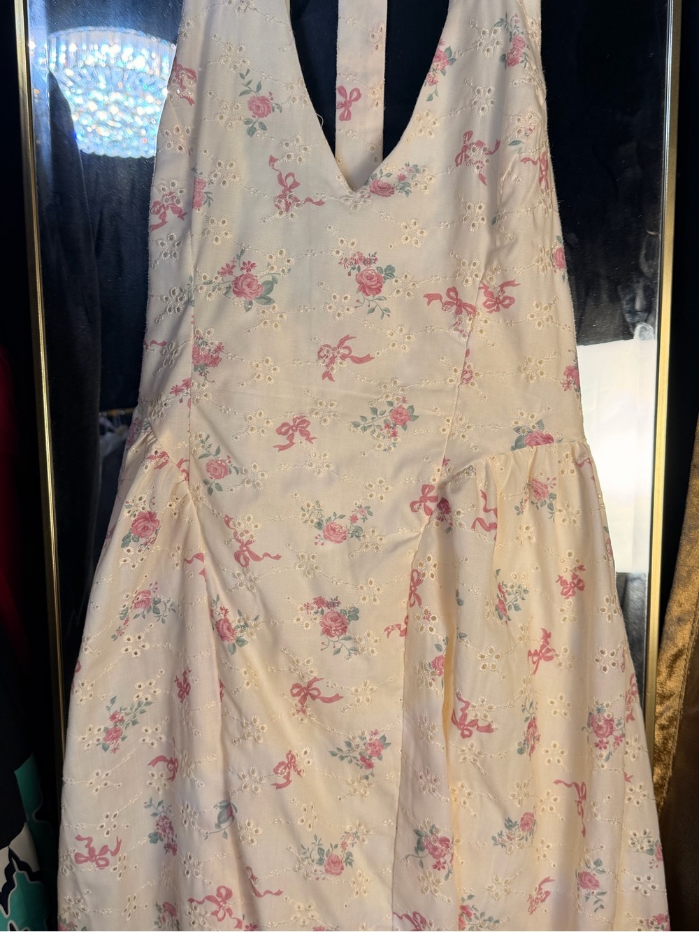 Coquette inspired Halter Top Dress Ivory Lace Pink Bows Thirty Thirty